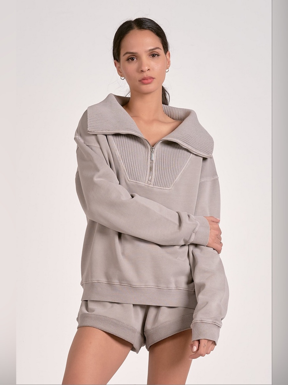 Ribbed Collar Quarter Zip Washed Cotton Sweatshirt Taupe NWT